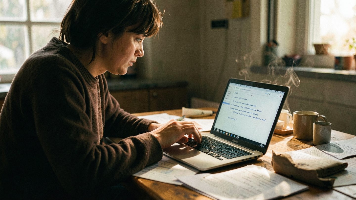 A person at a desk hesitating over a drafted message, suggesting a decision that needs a final verdict.