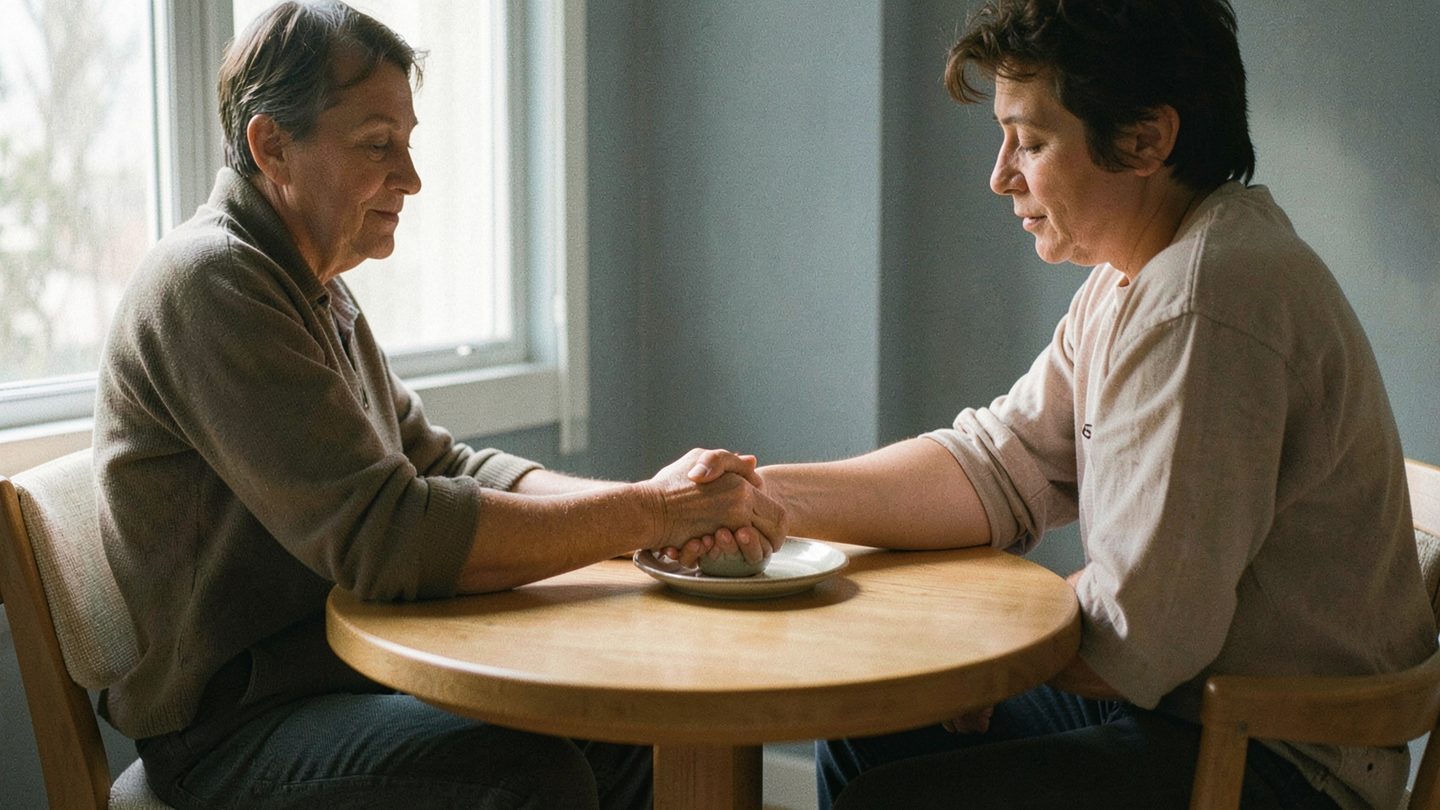 Two people sit near a window at a small table, with one gently touching the other’s forearm beside a plain teacup in soft, muted light.