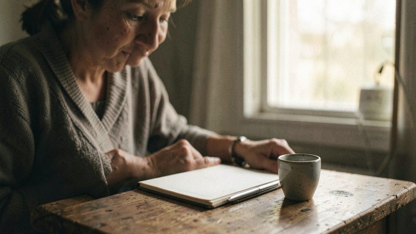 A thoughtful person sits at a wooden desk beside a morning window, with a closed blank notebook, a pen, and a ceramic cup in front of them, creating a quiet editorial scene of reflection and planning.