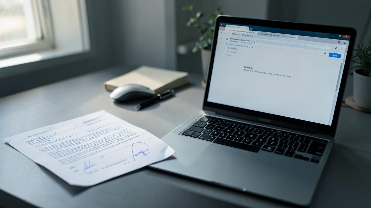 A desk-level editorial scene showing a signed paper form beside an open laptop with an unsent email draft, lit by late-afternoon window light.