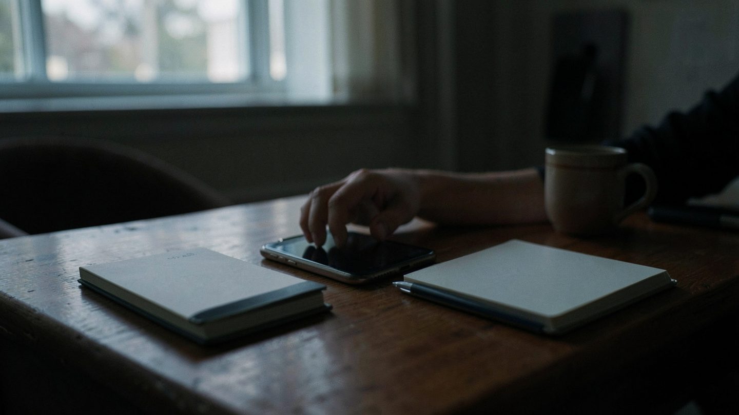 A candid editorial photo of a hand hovering over a face-down smartphone on a desk beside a closed notebook, pen, and mug in soft dusk light.