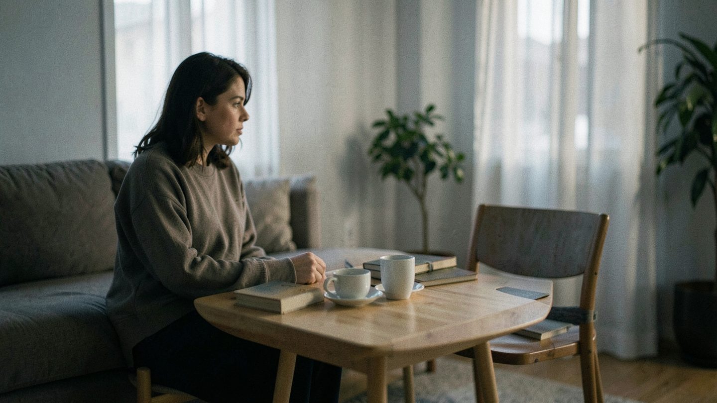 A thoughtful person sits by a softly lit window in a quiet room, with an empty chair and two untouched coffee cups nearby, creating a subtle editorial scene about relationship pressure and luck.