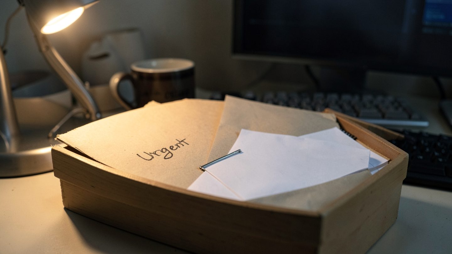 A document tray with draft, final copy, and ready-to-send papers.