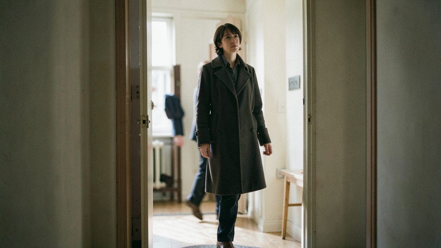 Editorial photo concept of a person pausing at a doorway before leaving