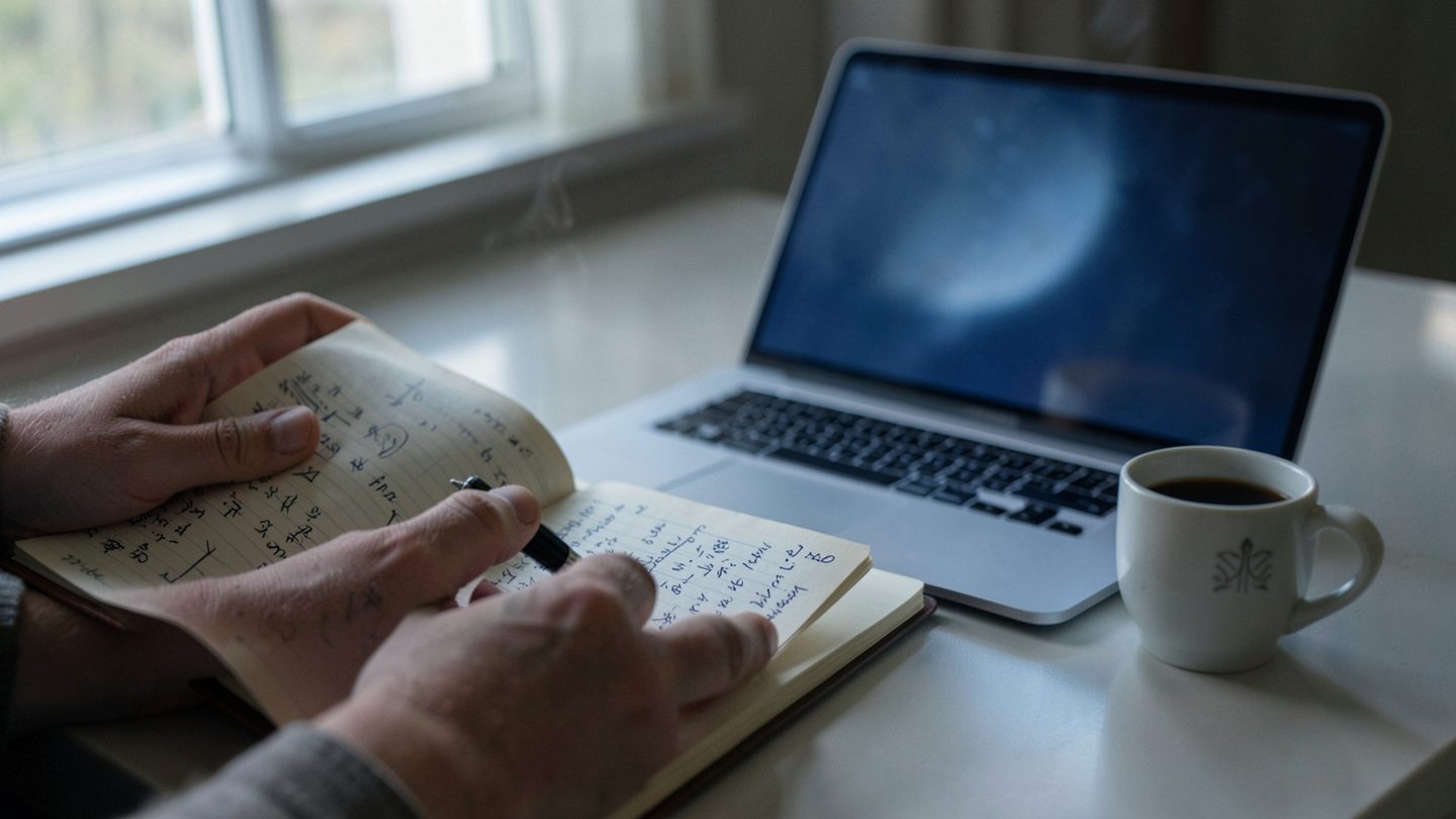 Hands, notebook, and laptop in a moonlit chart-reading scene