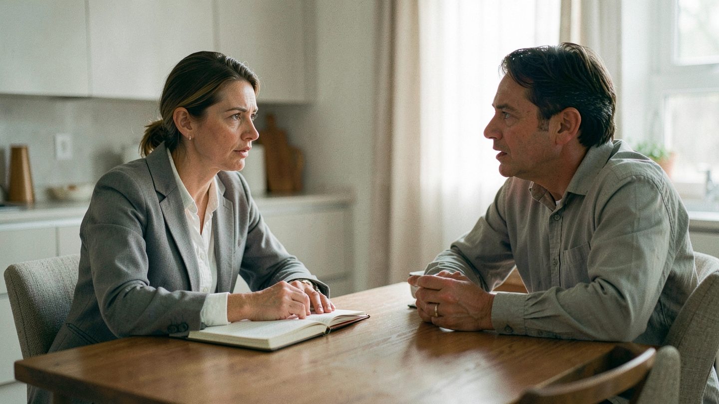 Two adults in a candid conversation that suggests diplomacy mixed with tension