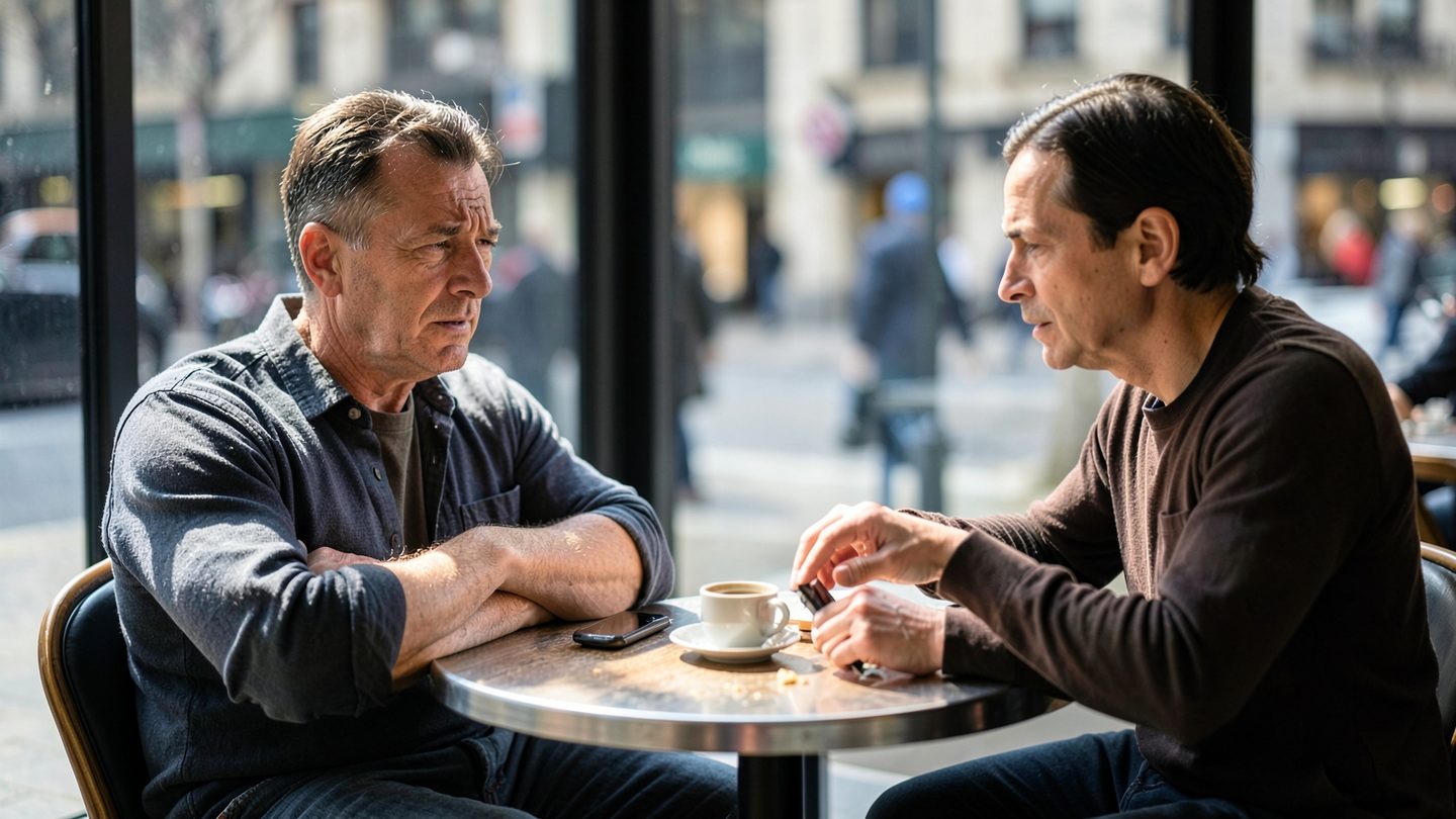 Two people in a tense conversation at a café table