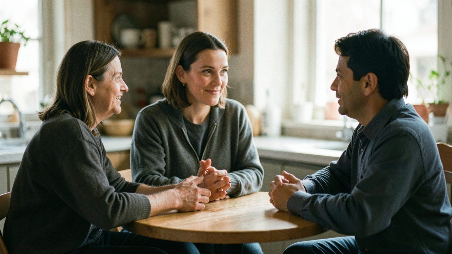 Two adults sit at a small table while a third person gently mediates between them, suggesting diplomacy and tension management in a candid editorial scene.