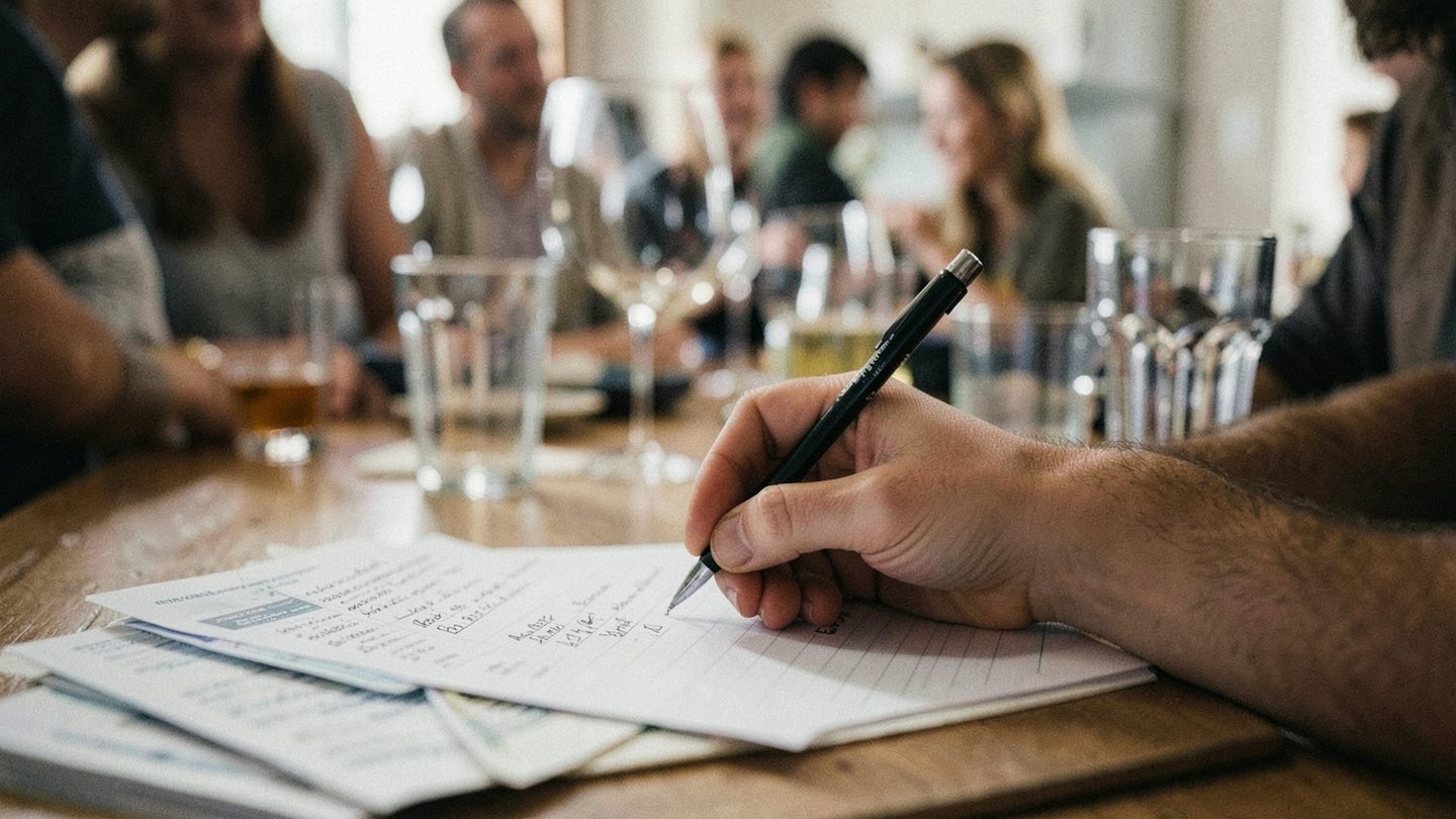 Close-up editorial photo of quiet scorekeeping during a social negotiation