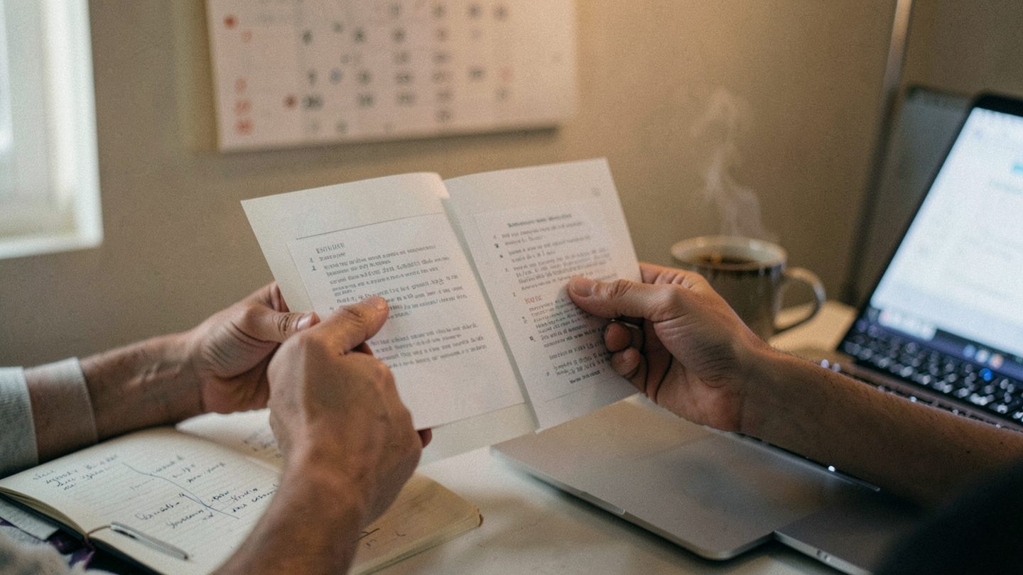 Hands compare two versions of a document at a desk, reinforcing the idea of re-reading before committing.