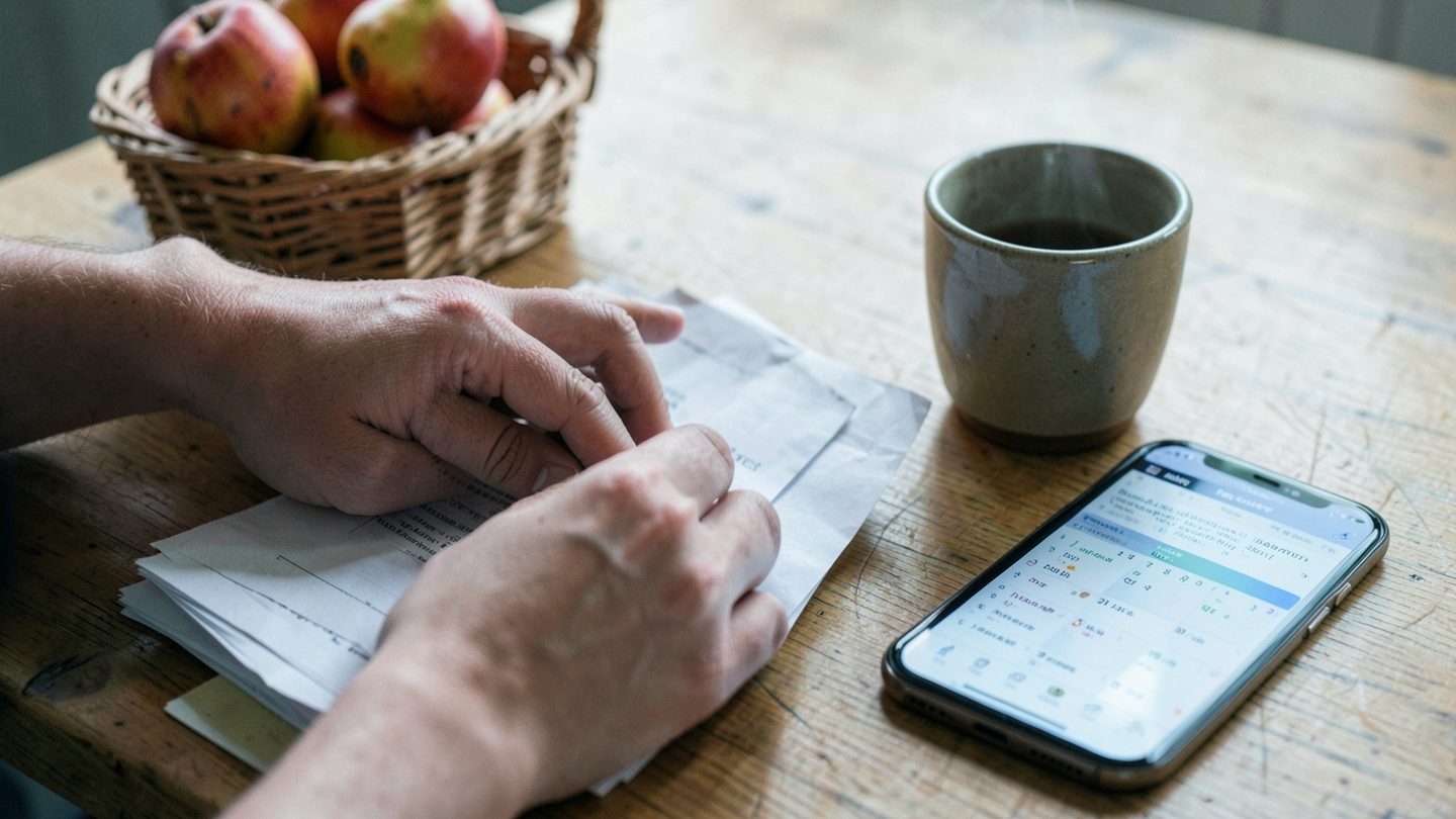 Hands and desk items suggesting a practical timing decision