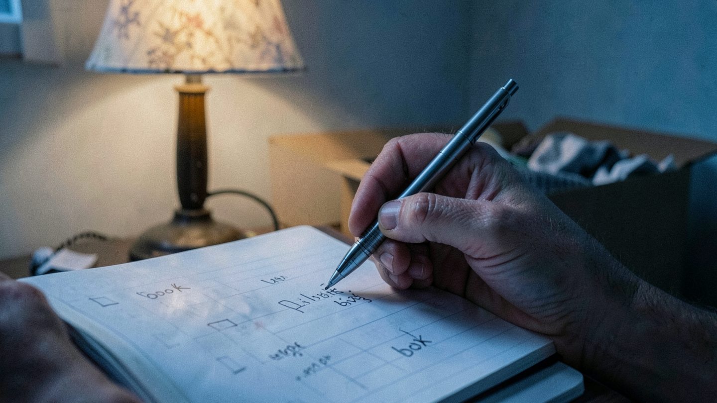 Close editorial scene of a person making a practical decision by moonlight