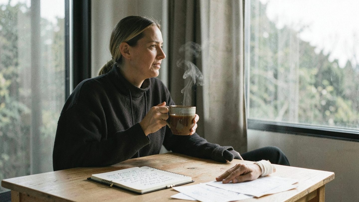 A reflective person sits at a desk by a window with an open notebook, loose papers, and a mug of herbal tea, conveying a quiet healing moment in soft natural light.