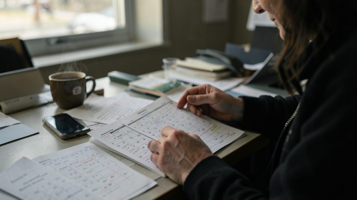 A person reviewing notes and a calendar during a busy late-October planning window