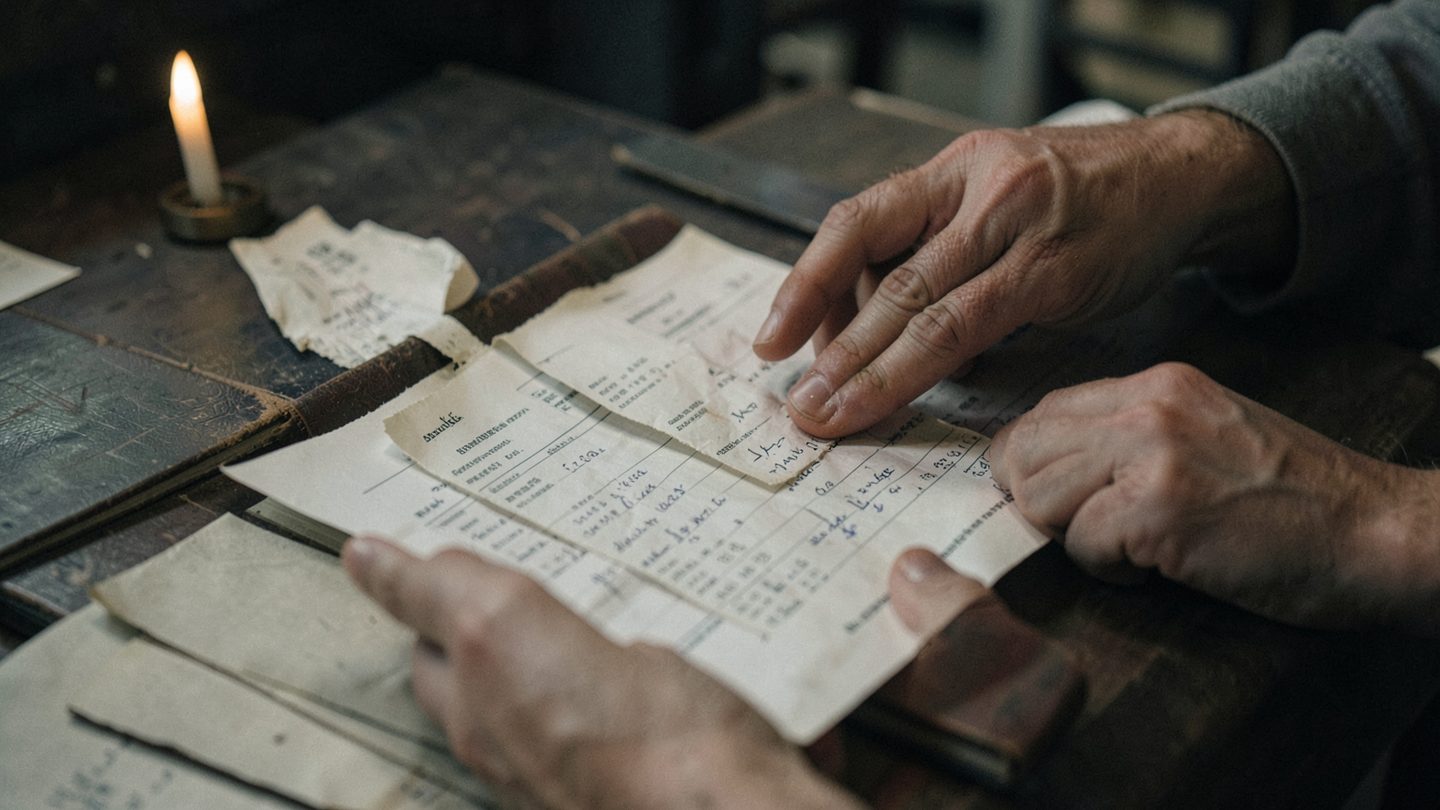 Close-up of hands sorting receipts and notes