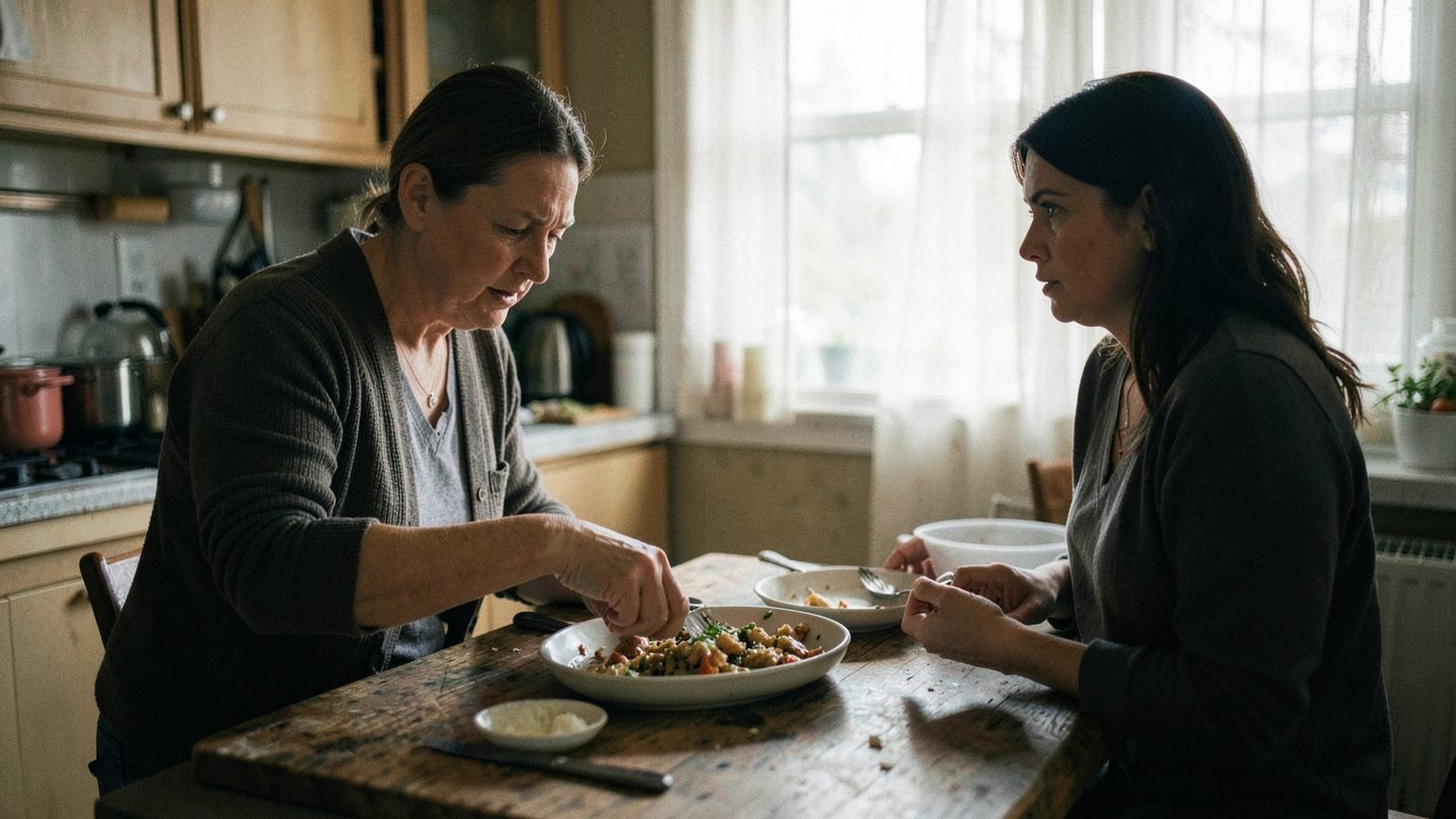 Editorial-style kitchen scene suggesting caretaking tension and control