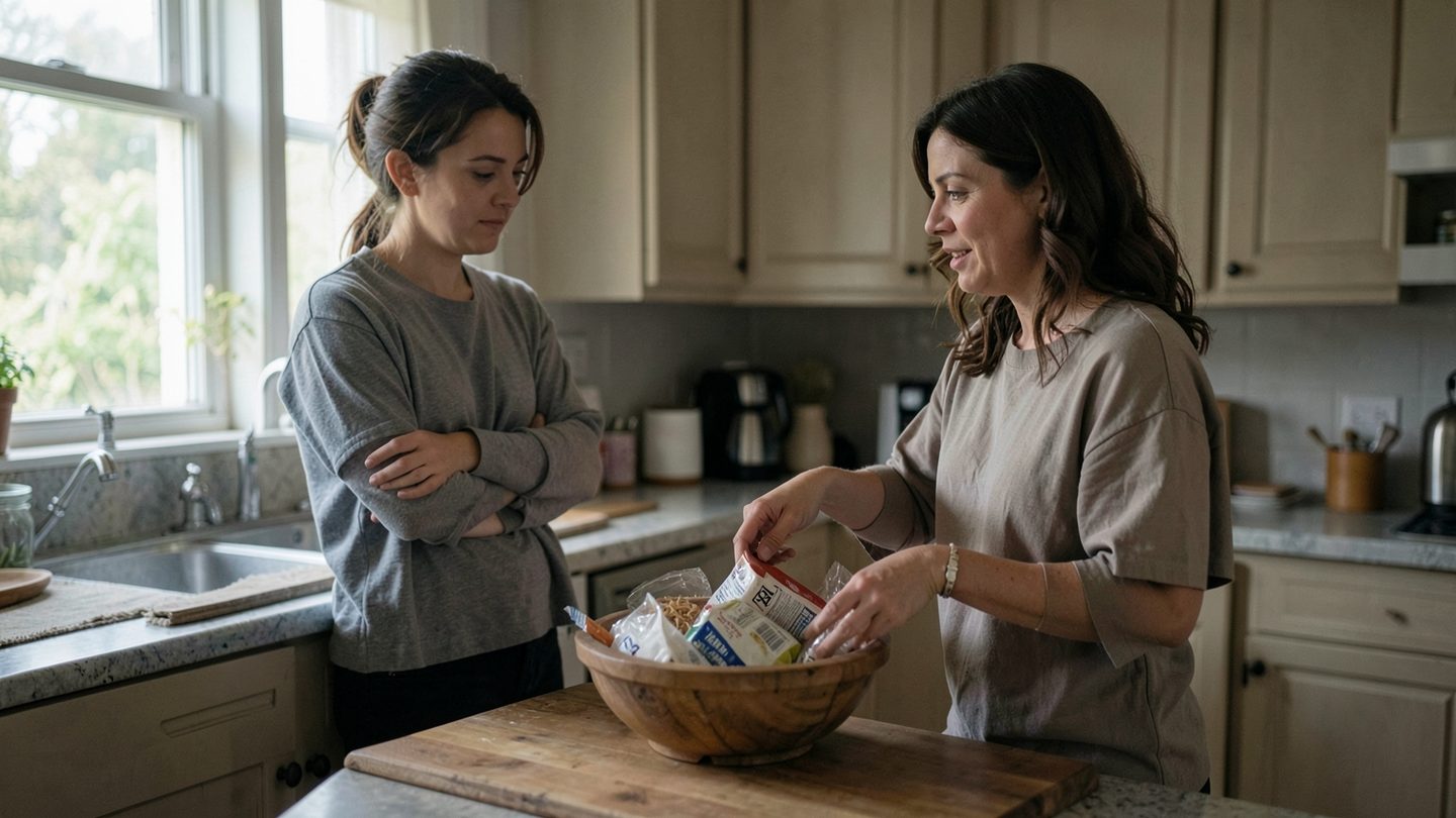 Two people in a sunlit kitchen talking quietly, one with crossed arms and the other setting plain unbranded groceries into a bowl on the counter, in a candid scene about care and negotiation.