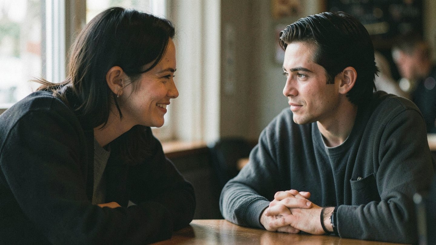 Two people in a careful conversation at a café table.