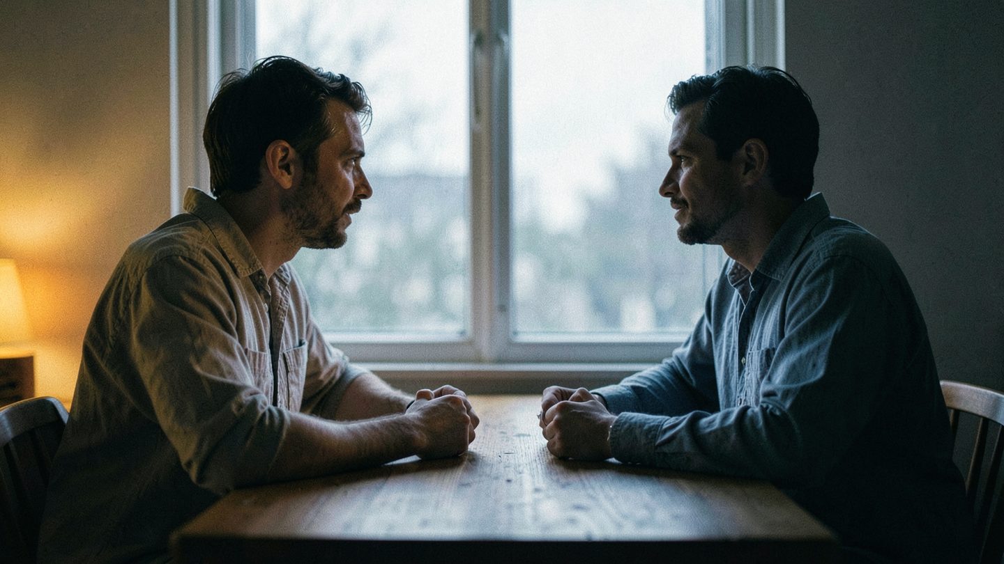 Two people facing each other in a balanced, reflective relationship scene