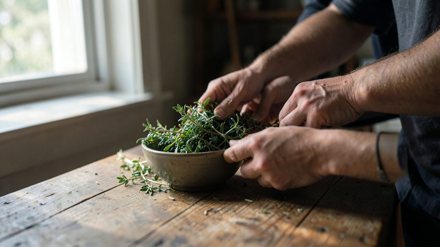 Two people in a softly lit kitchen carefully place a ceramic bowl and fresh herbs on a wooden table by a window, with only their hands and lower bodies visible in a candid domestic scene.