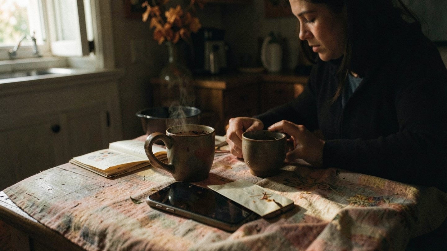 A person at a kitchen table with an unopened envelope and a phone, suggesting an overdue conversation.