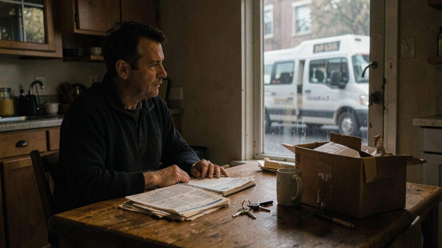 A realistic adult sits at a kitchen table late at night with bills, a notebook, and a half-packed box, looking toward an open front door where a moving van is visible outside, conveying a difficult practical decision.