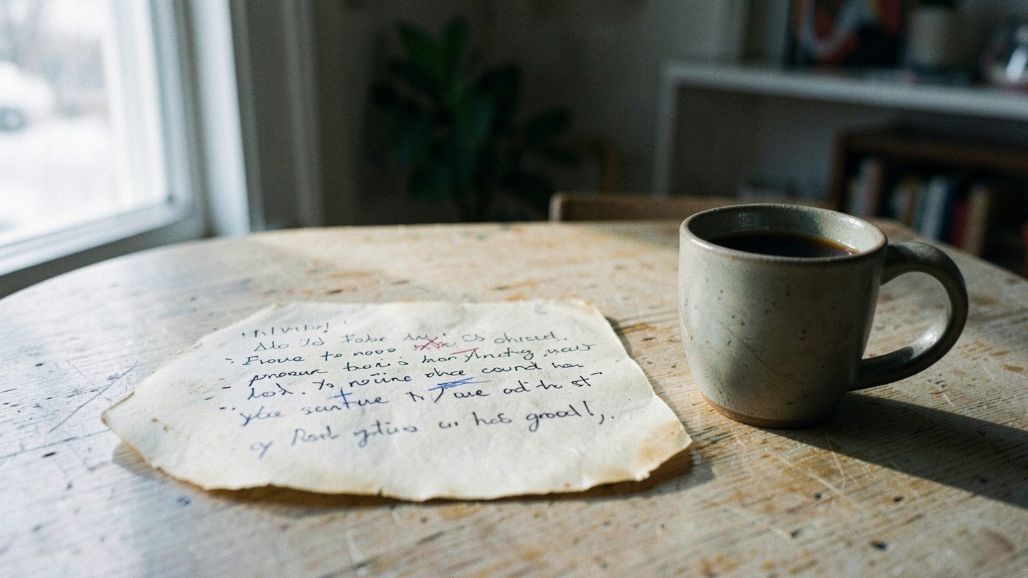 Editorial photo concept of a rewritten note in winter light