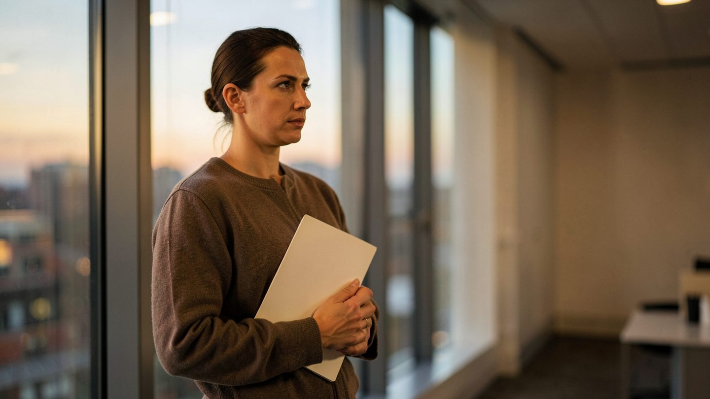 A thoughtful person stands by a window in a softly lit office at dusk, holding a closed blank folder and looking off-frame as if weighing a decision before agreeing.