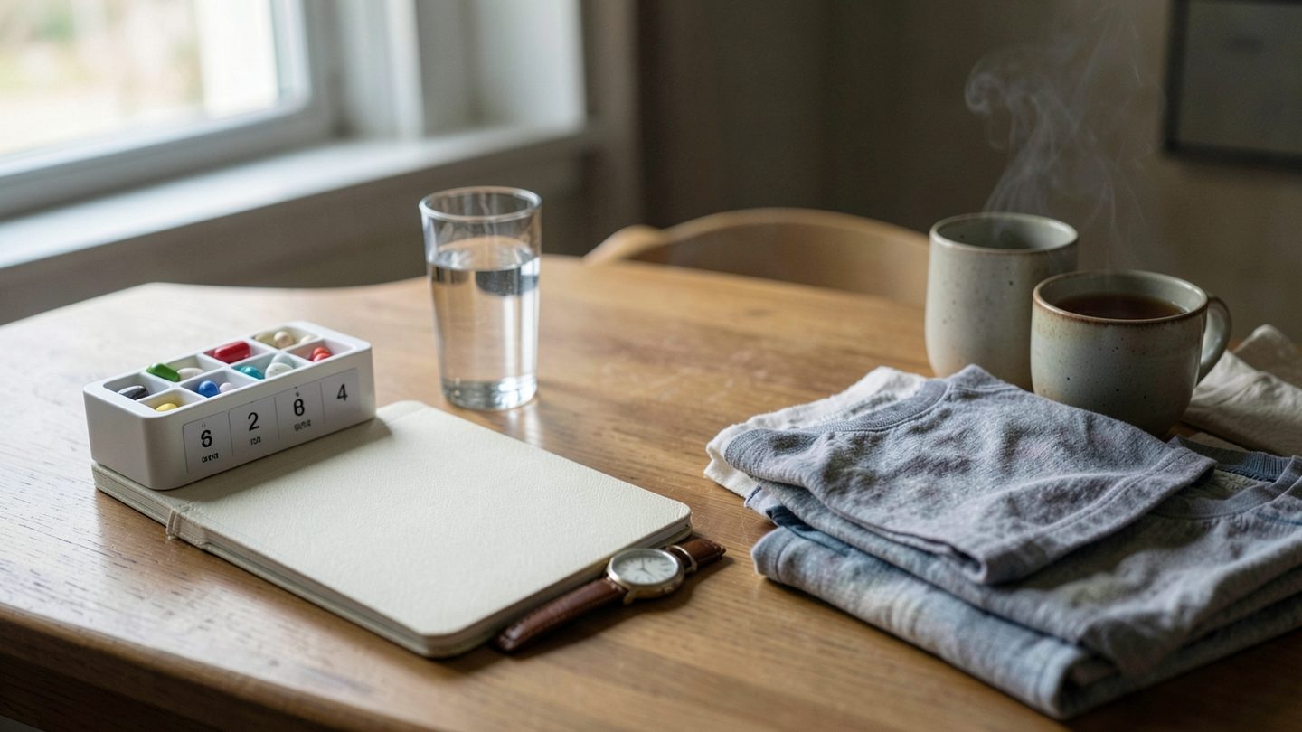 A realistic editorial photo of a kitchen table with an unlabeled pill organizer, blank notebook, glass of water, wristwatch, and folded laundry in soft natural light, showing a calm daily routine focused on health and service.
