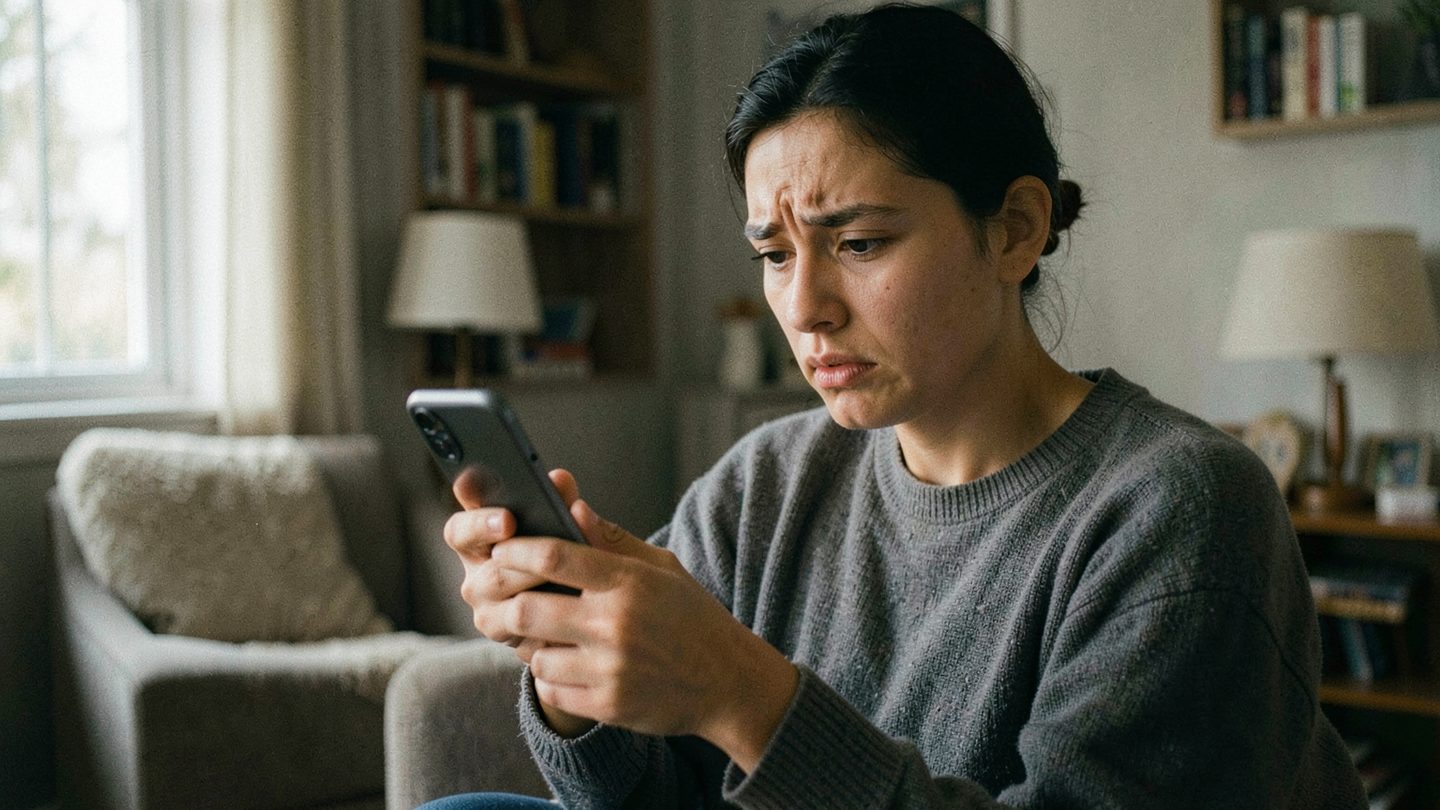 Person hesitating before replying to a message