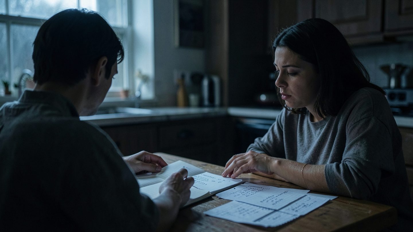 Two people at a kitchen table under moonlight