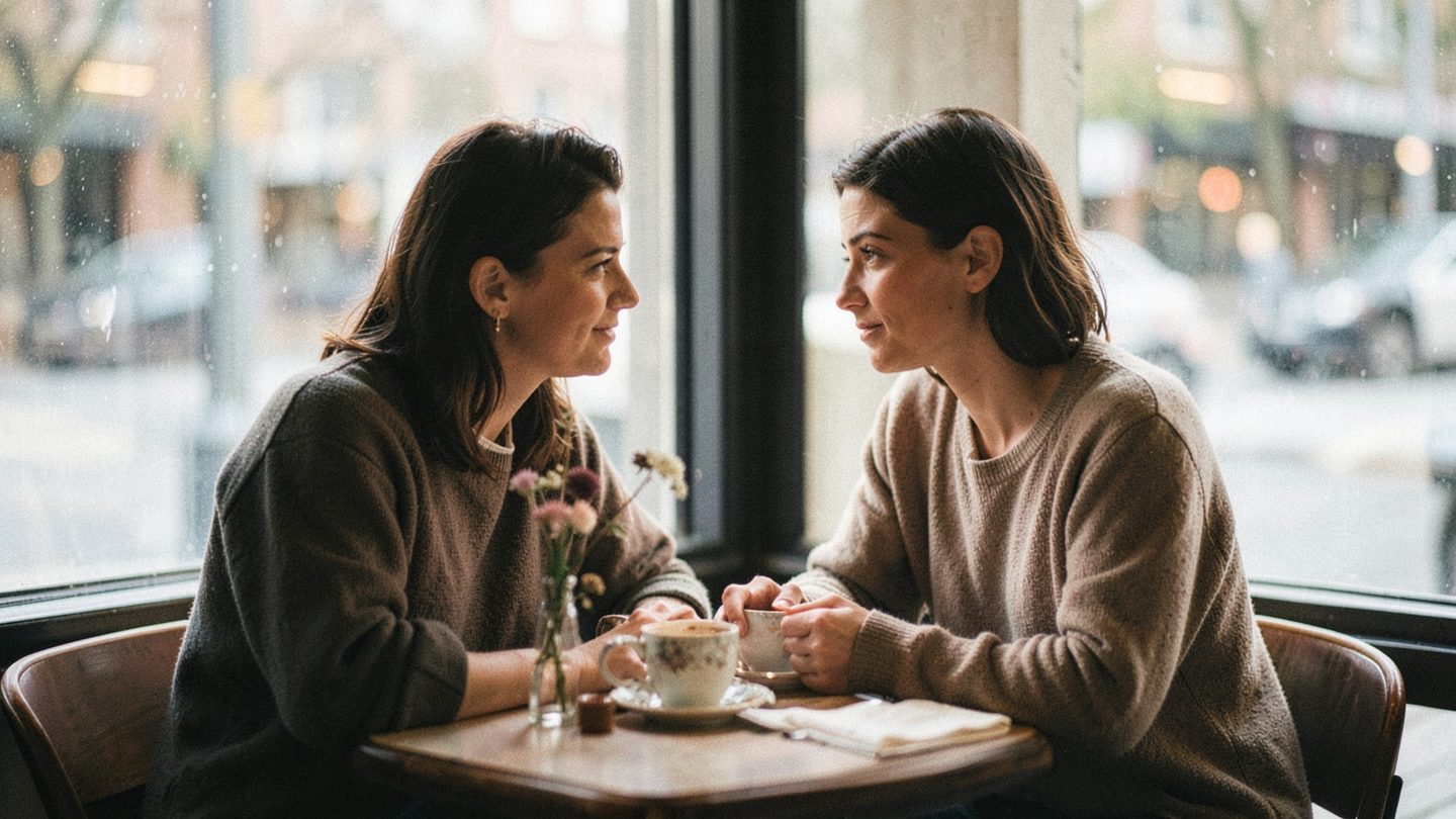 A candid couple seated at a small café table by a window, leaning toward each other in a quiet, attentive moment with soft daylight and subtle city bokeh in the background.