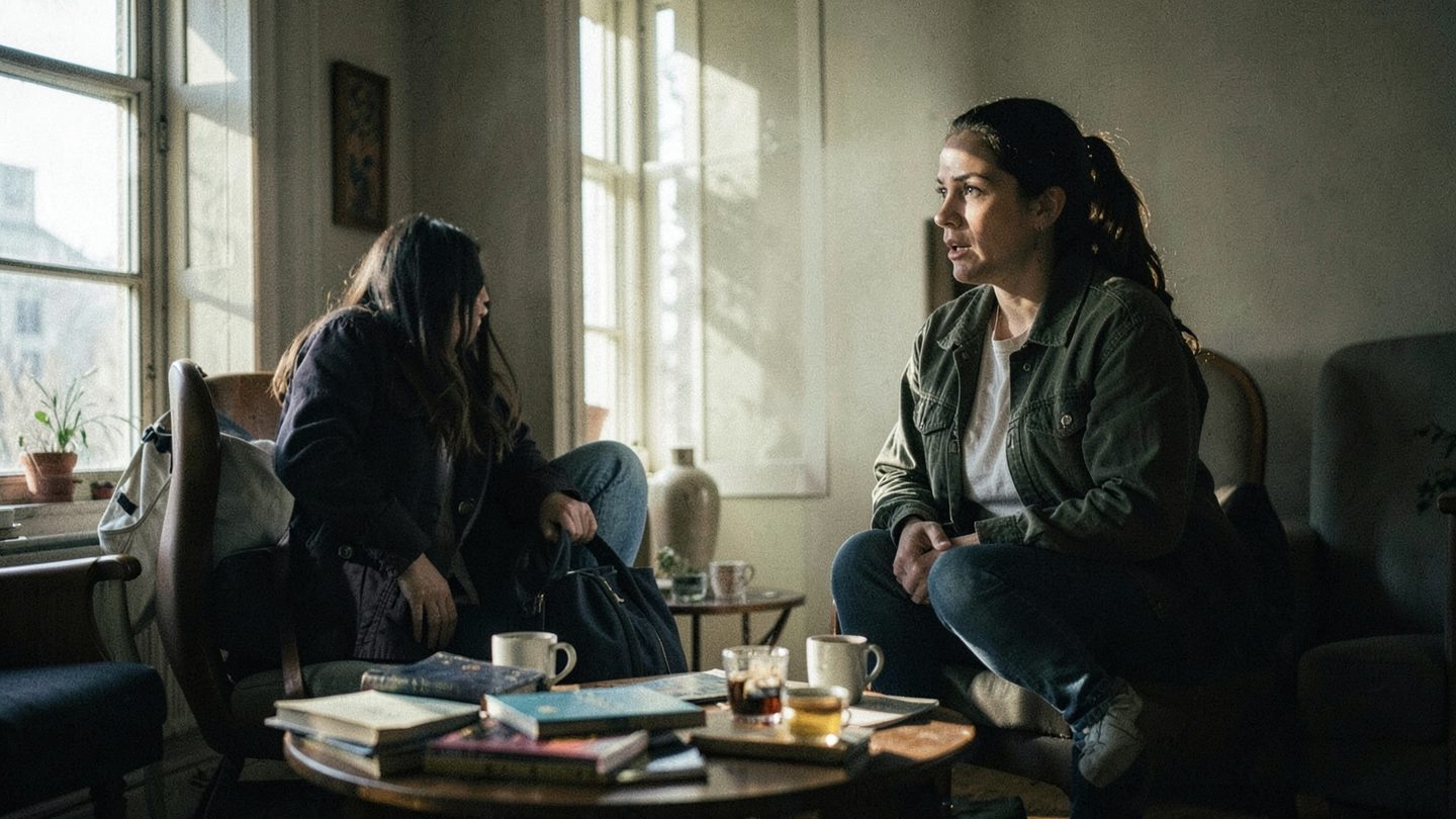 Photographic editorial scene of two adults in a tense moment that suggests commitment tension and sudden change.