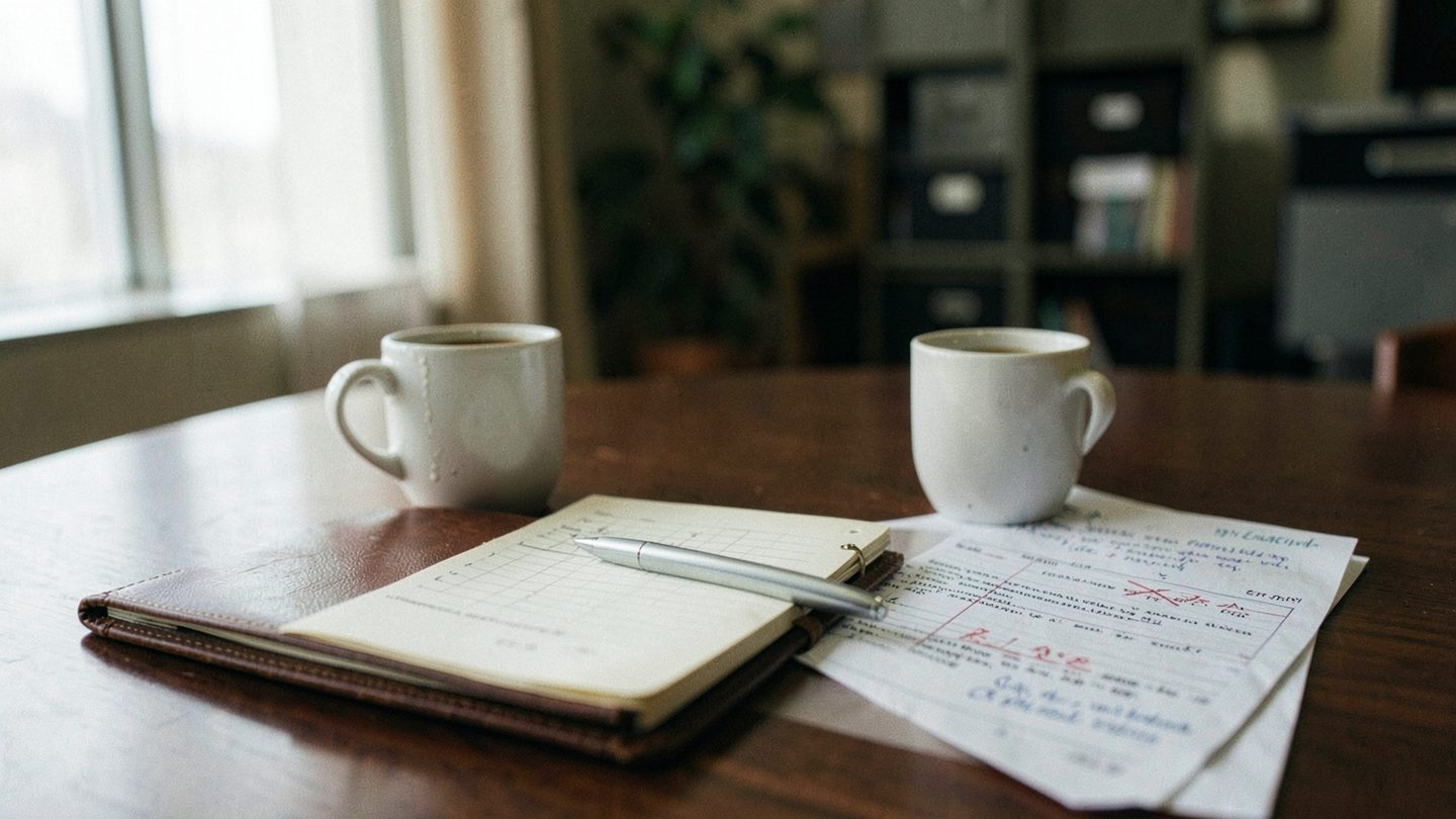 A marked-up agreement beside coffee cups on a desk