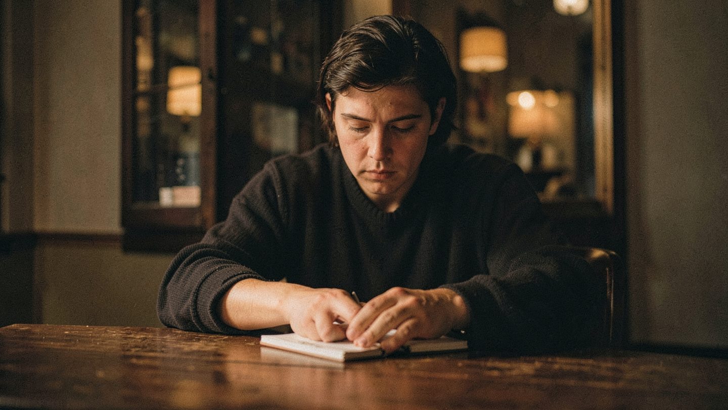 A person closing a notebook in a quiet autumn room, suggesting a shift from accommodating others to clearer boundaries.