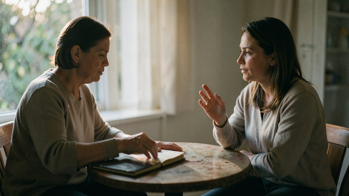 A calm boundary-setting conversation at a table, photographed in an editorial style