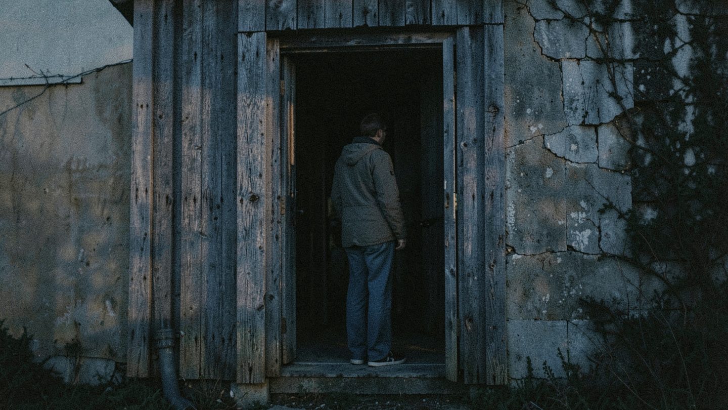 Editorial-style photo illustration of a tense turning point at a doorway
