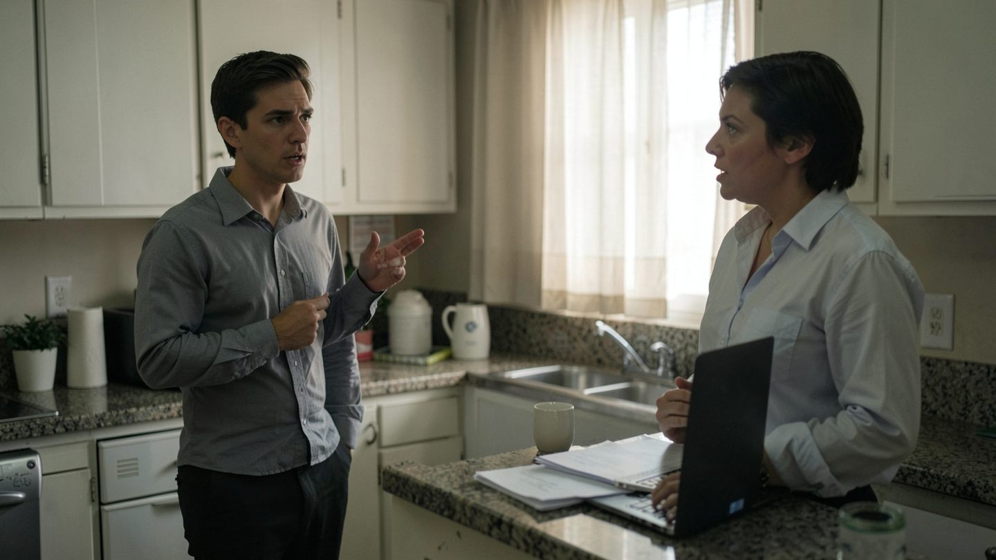 Two colleagues in a small office kitchen pause in an awkward moment before agreeing to a request, with coffee mugs and unmarked papers on the counter, photographed in a candid documentary style.