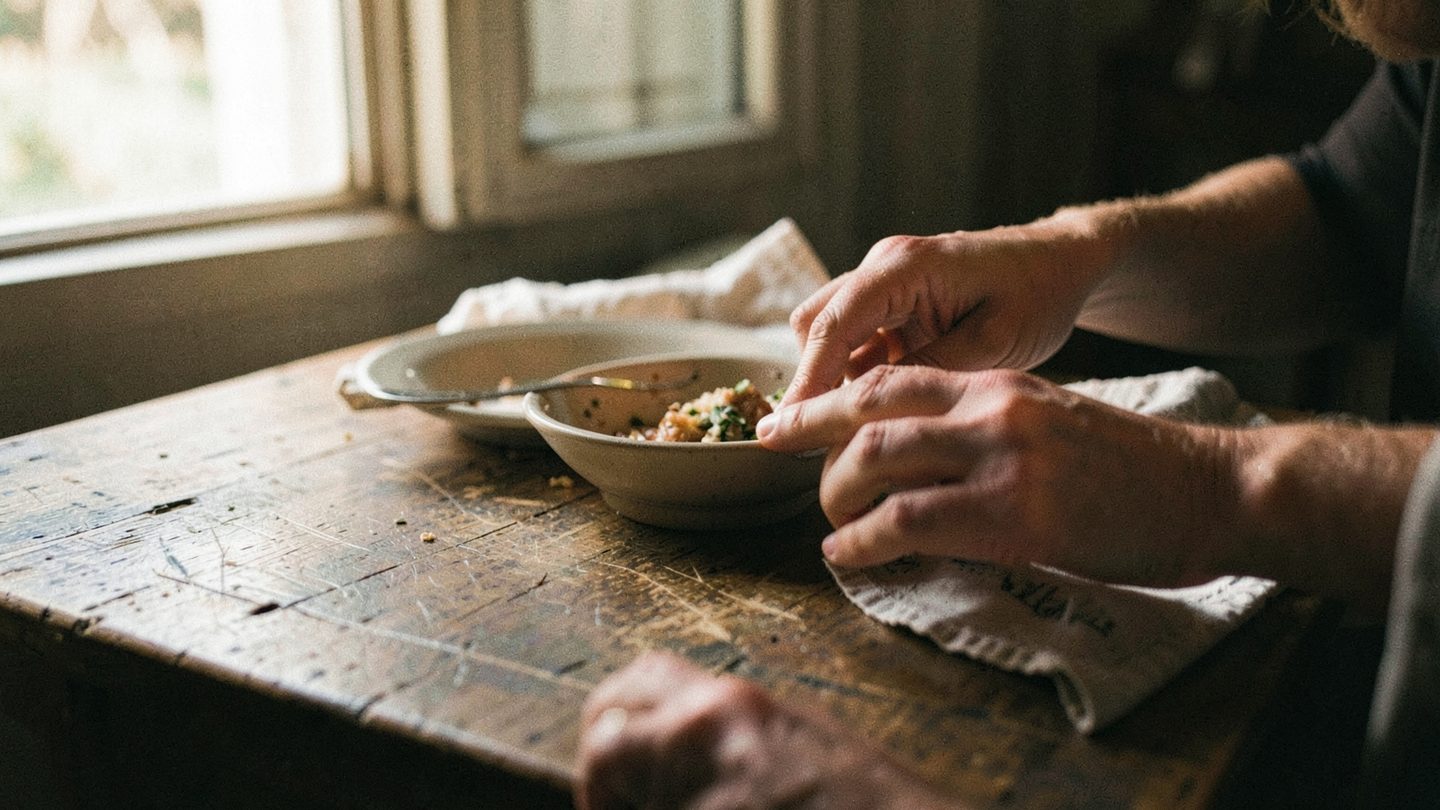 Hands setting a meal on a wooden table in warm natural light