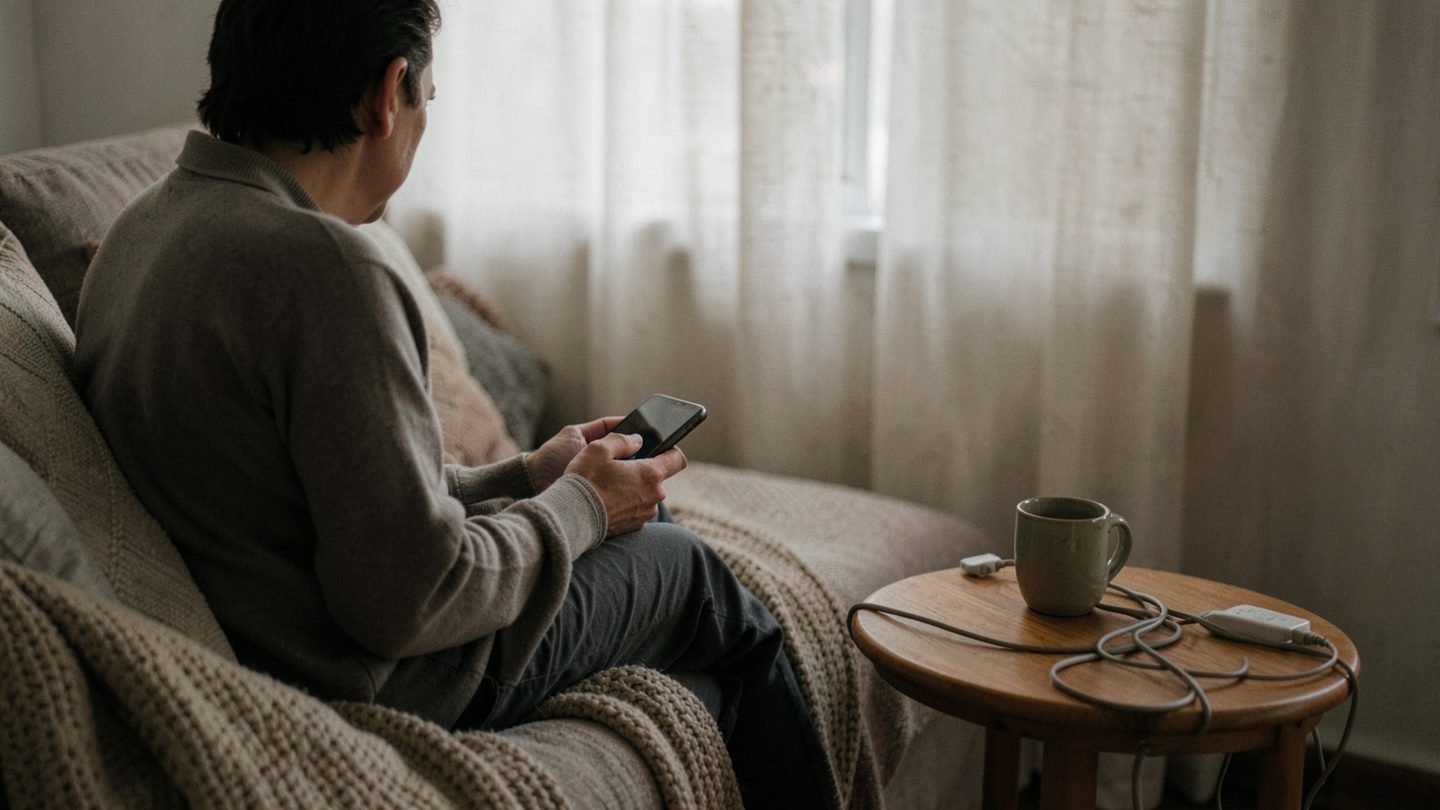 A single person sits alone in a softly lit room at dusk, holding a phone without looking at it while a mug and charging cable sit nearby, suggesting hesitation before texting back.