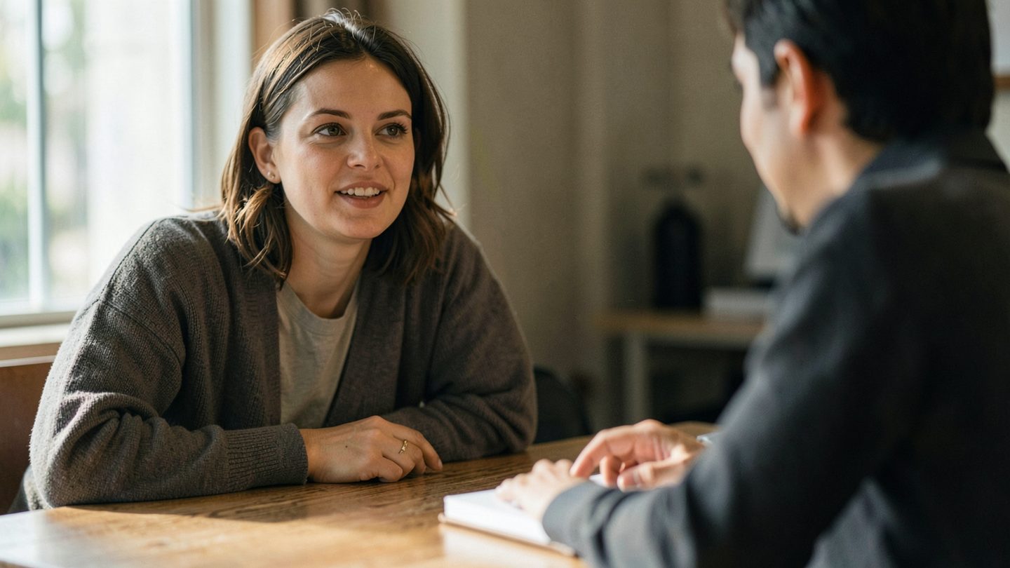 Two people in a candid conversation with a guarded posture