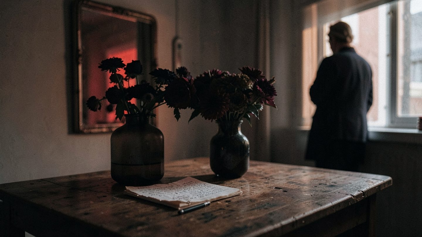 Editorial scene suggesting reflection during Venus retrograde in Scorpio