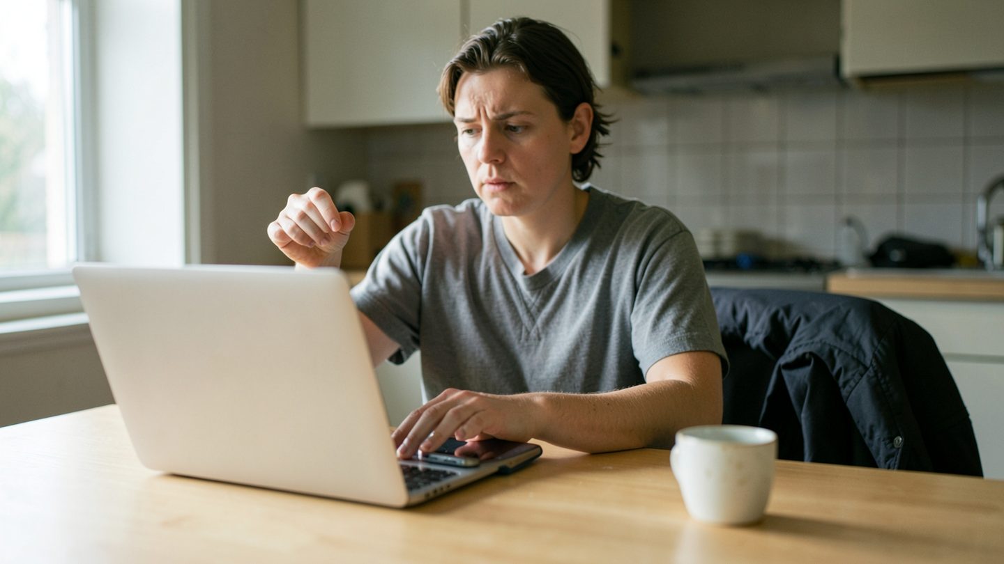 A realistic editorial photo of a person sitting at a kitchen table in soft daylight, pausing with one hand hovering over a closed laptop and a face-down phone nearby, with a coffee cup and folded jacket in the scene, conveying hesitation and indecision.
