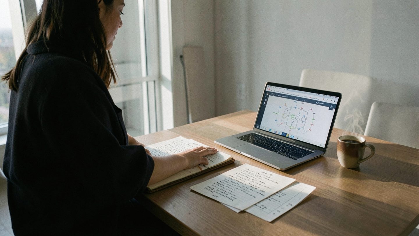 A person reviewing a birth chart and notes at a kitchen table.