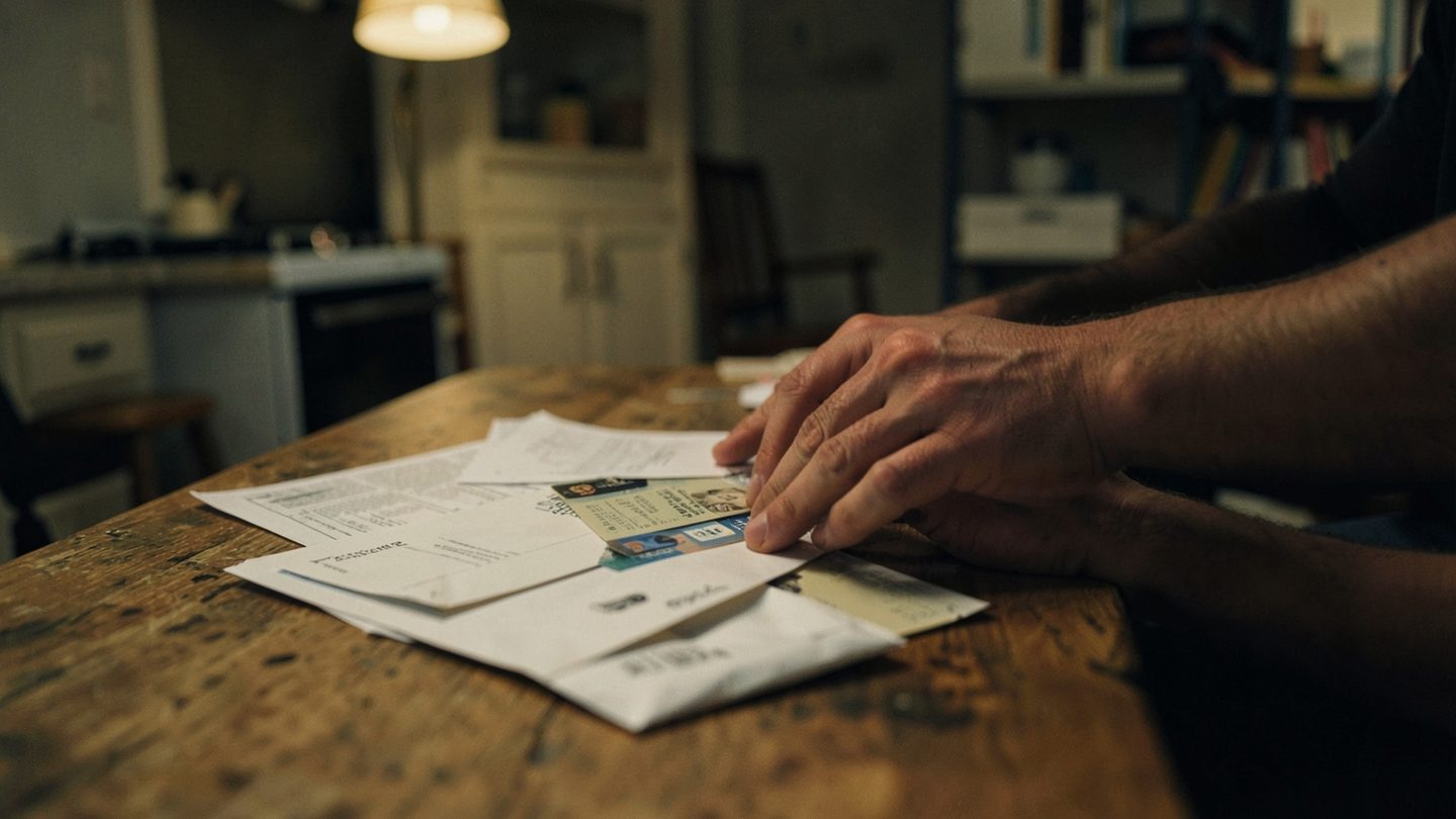 Hands sorting papers and an envelope in a quiet, practical scene