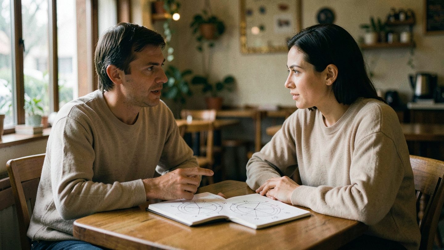 Editorial photo of two people discussing a chart in a cafe