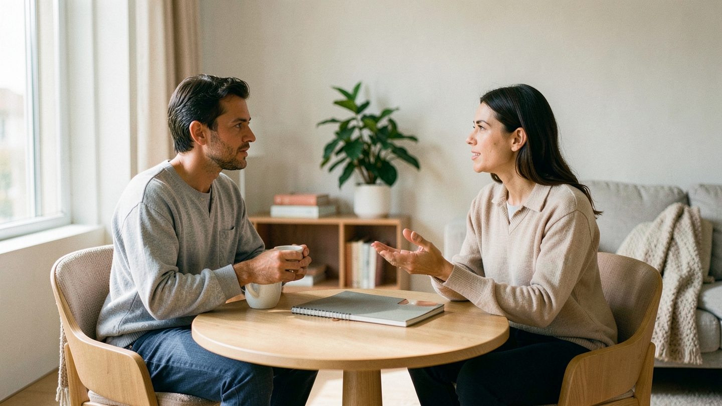 Two adults in a softly lit modern living room sit across a small table in a calm conversation, suggesting relationship balance and fair decision-making, with a mug and a closed notebook on the table and no visible text or charts.