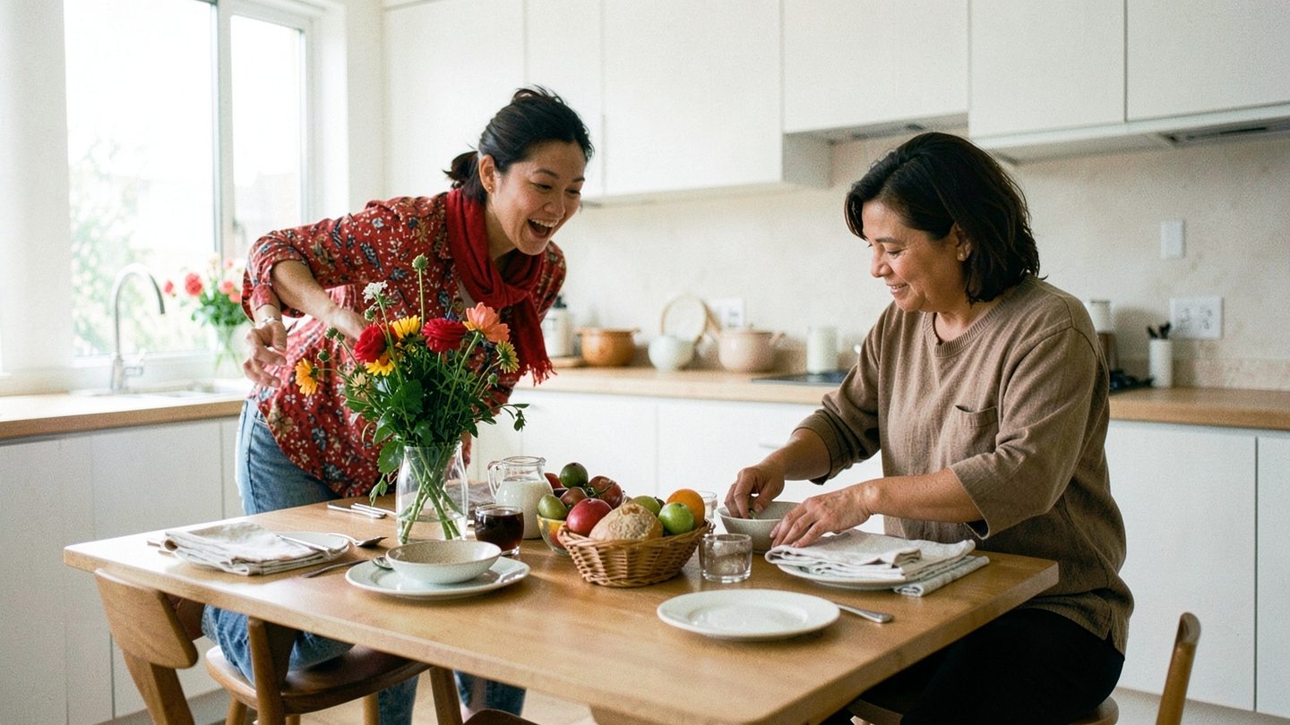 A candid editorial photo of two adults in a bright kitchen working together, one moving quickly while the other arranges objects carefully, showing contrasting but complementary personalities.