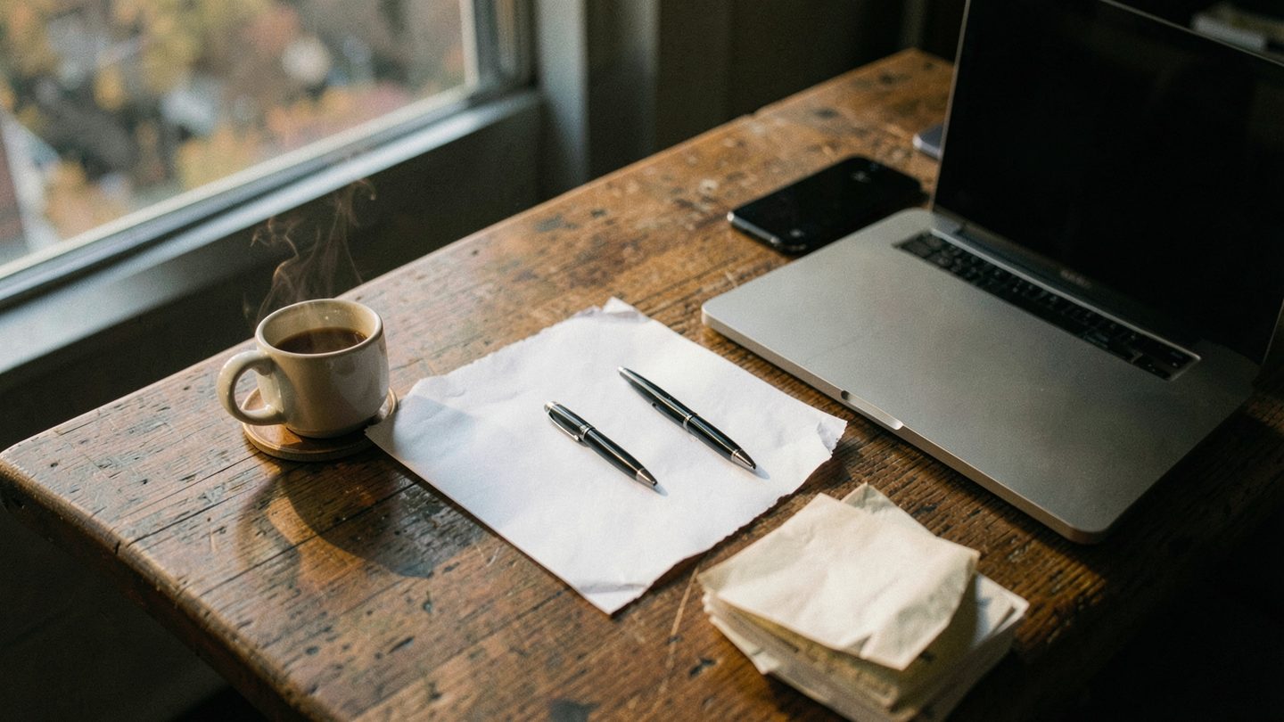 A late-afternoon desk by a window with a blank sheet of paper, an unused pen, a face-down smartphone, a closed laptop, folded notes, and a half-finished cup of coffee, lit by soft dusk light and framed like a magazine photo.