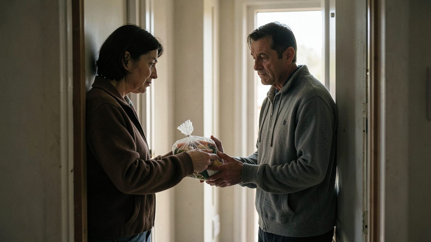 Editorial photo-style scene of giving and restraint